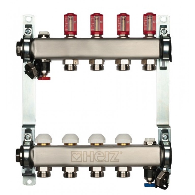 Комплект штанговых распределителей, нержавеющая сталь, DN 25(1") с расходомерами. 3 л/мин и термостатическими (M 28 x 1,5) кран-буксами. 3 отвода
