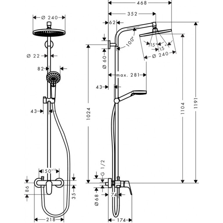 Crometta S 240 1jet Showerpipe Душевая система с однорычажным смесителем, хром 27269000, фото 2