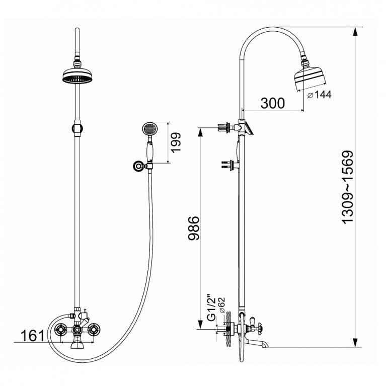 CUTHNA stribro система душевая (двухвентильный смеситель для ванны, верхний и ручной душ), хром T-10280 stribro, фото 2