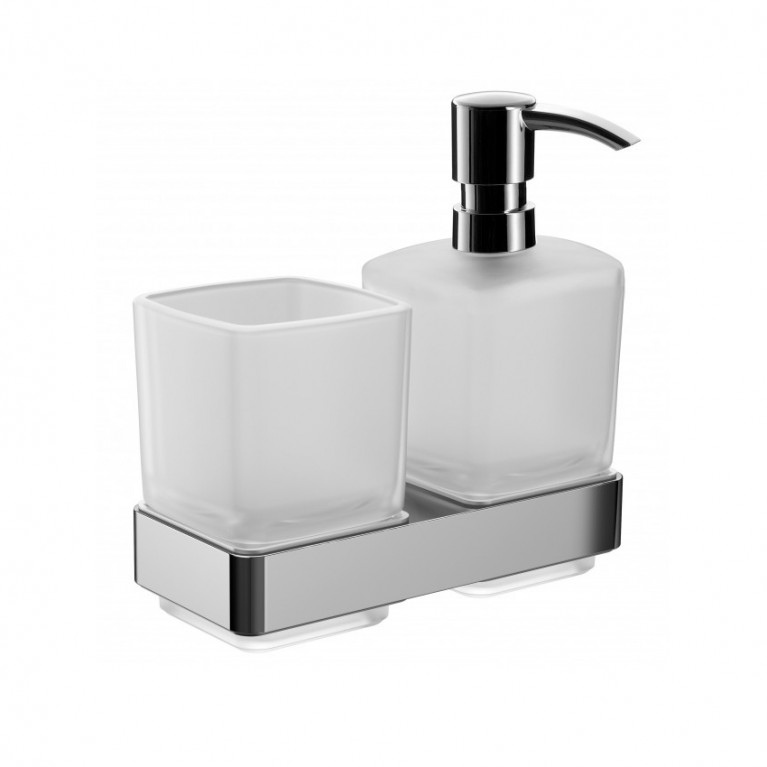 Дозатор для жидкого мыла в комплекте со стаканом для зубных щёток Emco Loft, хром/стекло матовое 053100100