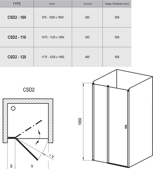 Душевые двери Ravak Chrome 120 см CSD2-120 белый+transparent, 0QVGC100Z1, схема - 1