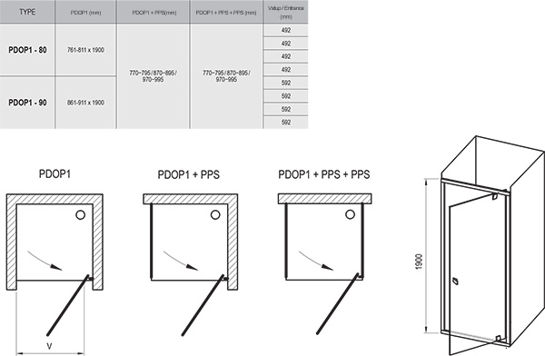 Душові двері Ravak Pivot 80 PDOP1-80 білий+transparent, 03G40101Z1, схема - 1