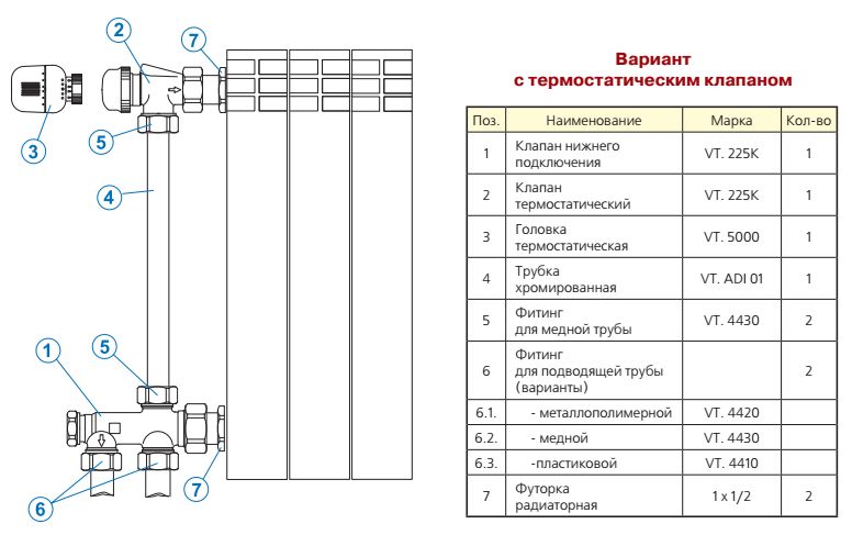 Регулирующий узел для подключения радиатора (комплект) 1/2 х 50% х 3/4 евроконус, VT.225K.N.E04050, схема - 1