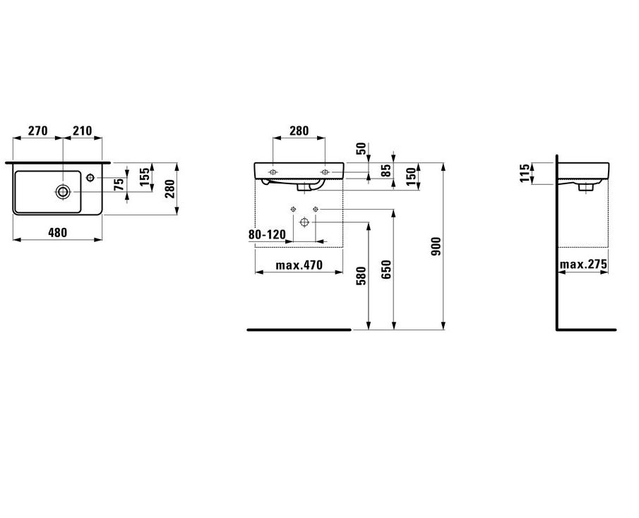 Умивальник підвісний Laufen Pro 48х28, змішувач праворуч, білий (H8159540001041), H8159540001041, схема - 1