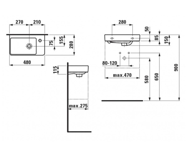 Умывальник подвесной Laufen Pro 48х28 (H8159550001041), H8159550001041, схема - 1