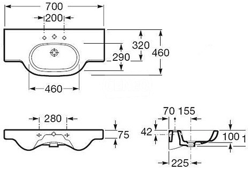 Умывальник подвесной Roca Meridian-N 70х46 (A327240000), A327240000, схема - 1